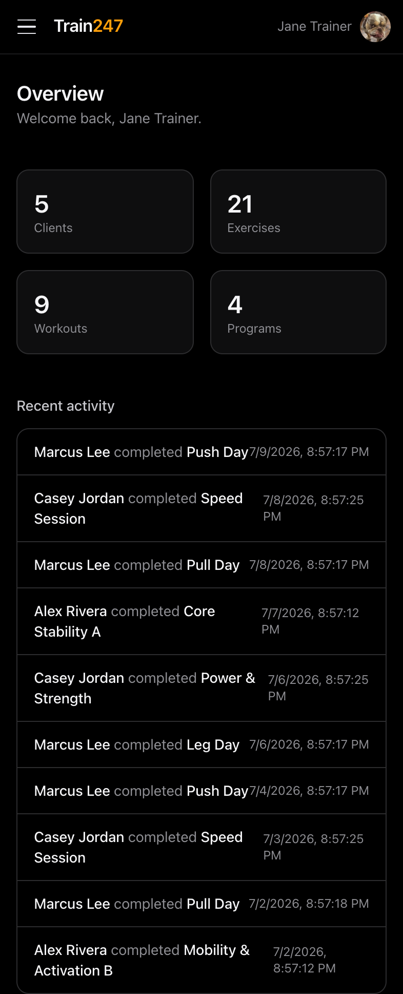 TRAIN247 trainer dashboard on iPhone 17 Pro